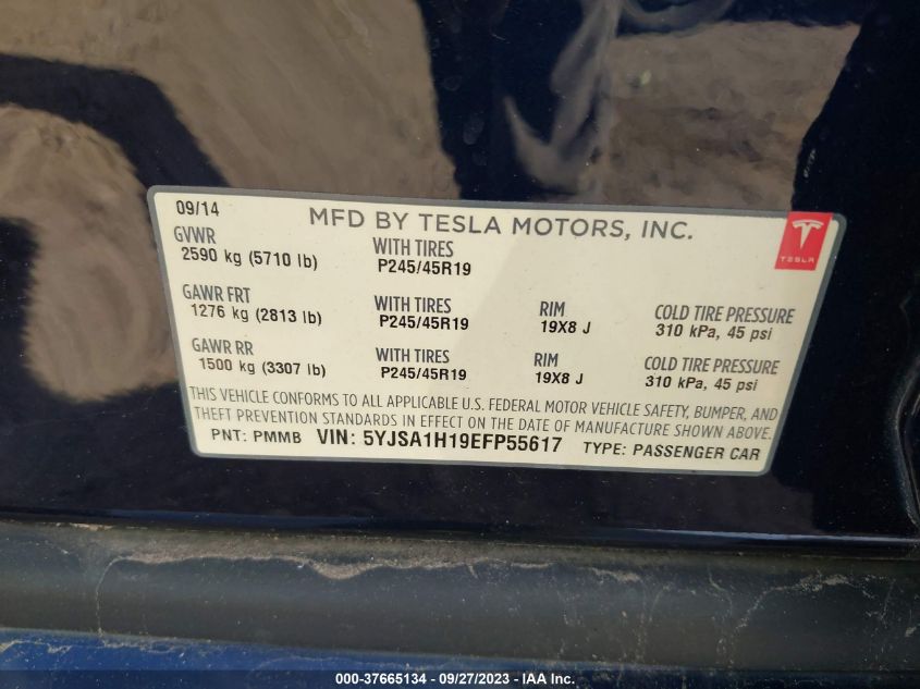 2014 Tesla Model S 60 Kwh Battery/P85 VIN: 5YJSA1H19EFP55617 Lot: 37665134