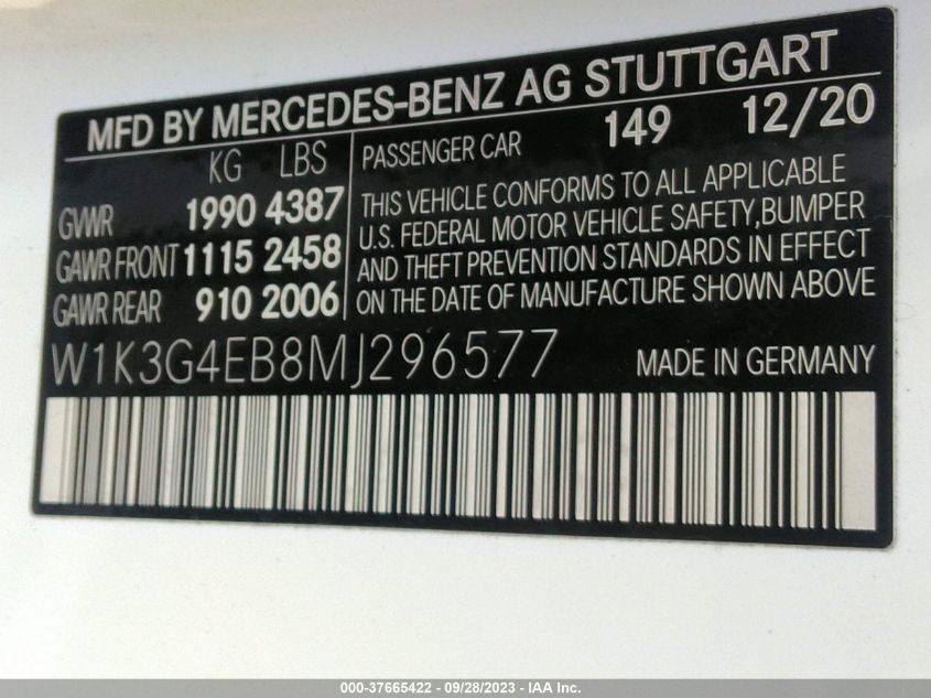 2021 Mercedes-Benz A-Class A 220 VIN: W1K3G4EB8MJ296577 Lot: 37665422