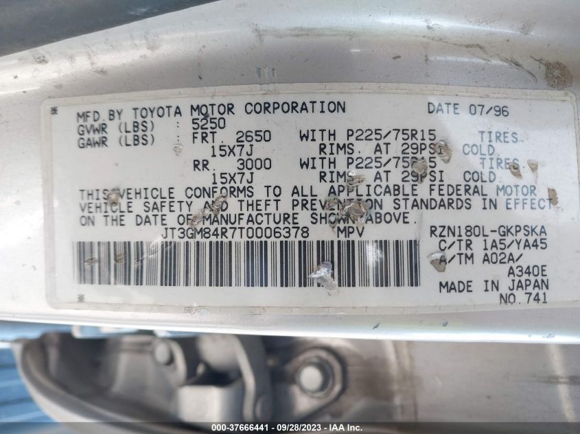 1996 Toyota 4Runner VIN: JT3GM84R7T0006378 Lot: 37666441