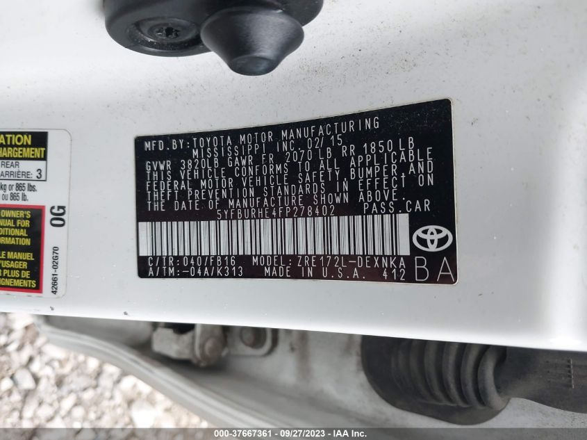 5YFBURHE4FP278402 2015 Toyota Corolla Le