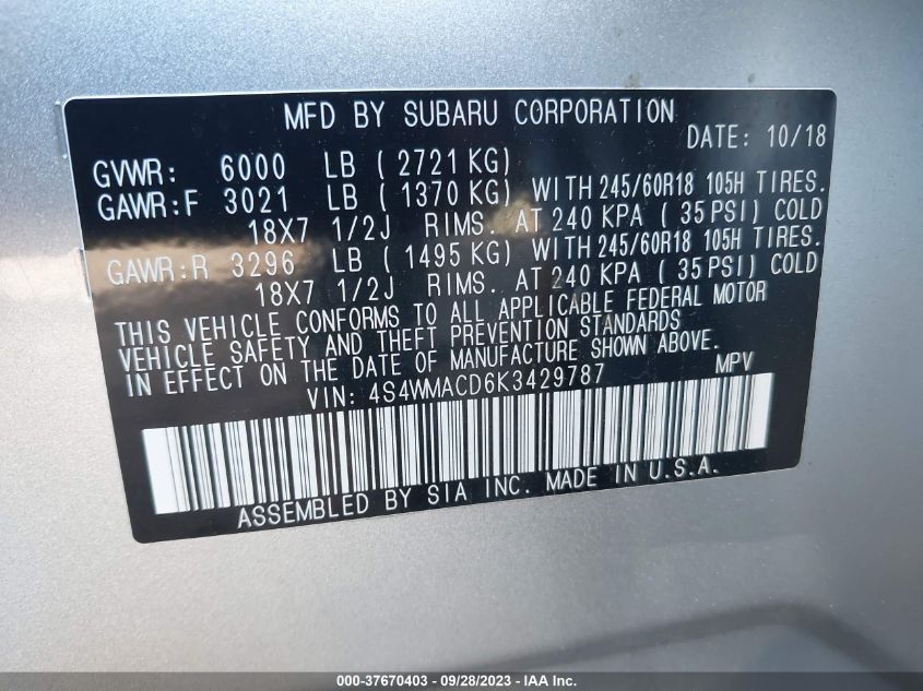 2019 Subaru Ascent Premium VIN: 4S4WMACD6K3429787 Lot: 37670403