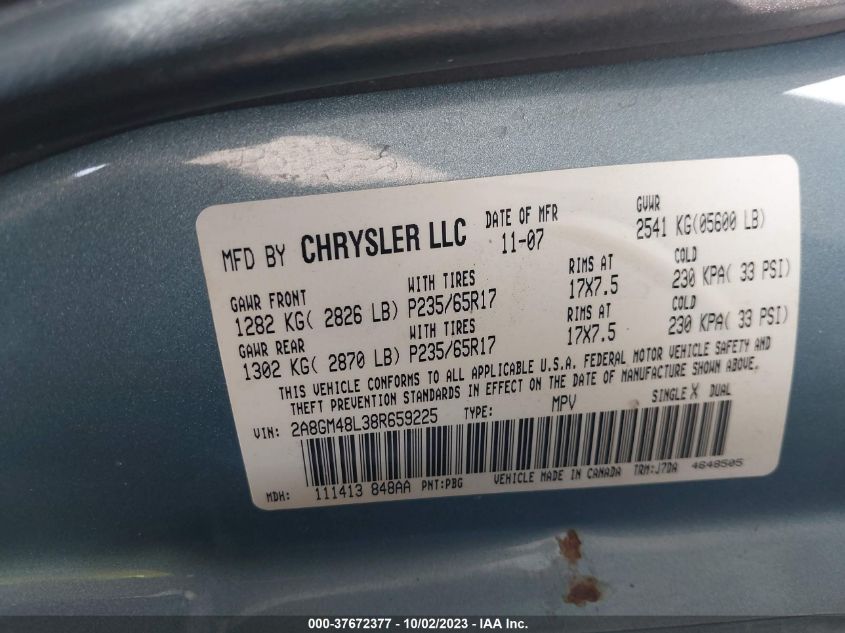 2A8GM48L38R659225 2008 Chrysler Pacifica Lx