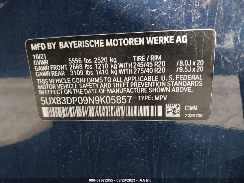 2022 BMW X3 M40I VIN: 5UX83DP09N9K05857 Lot: 37672955