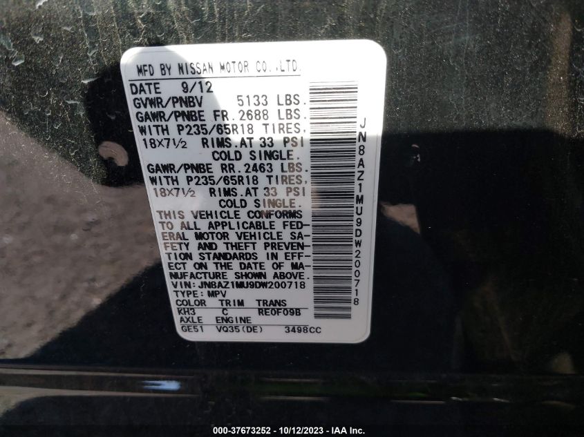 2013 Nissan Murano Sl VIN: JN8AZ1MU9DW200718 Lot: 37673252