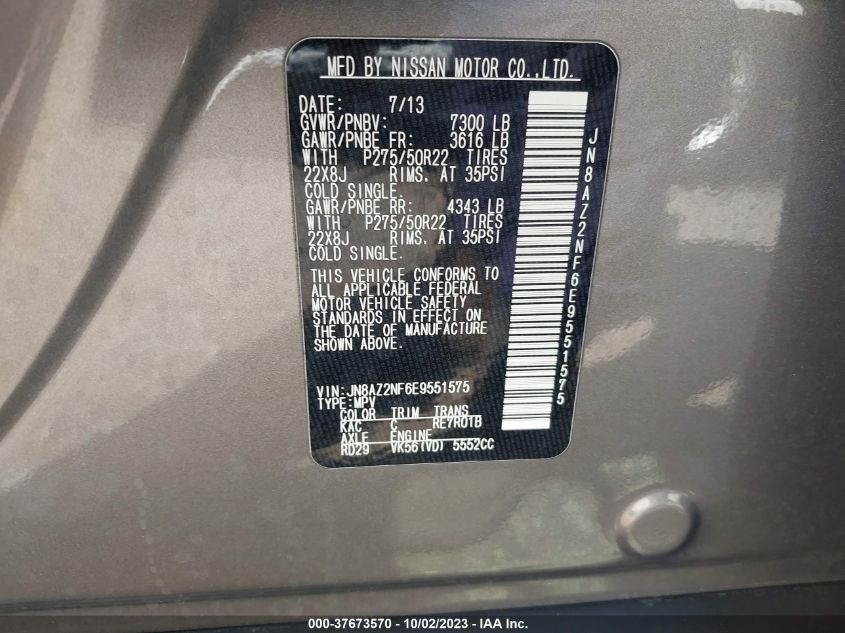 2014 Infiniti Qx80 VIN: JN8AZ2NF6E9551575 Lot: 37673570