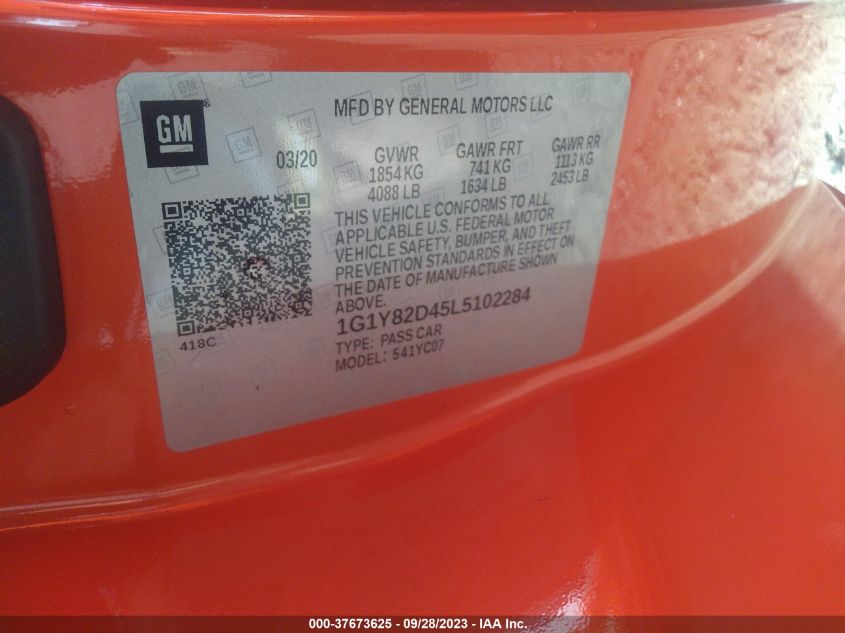 2020 Chevrolet Corvette 3Lt VIN: 1G1Y82D45L5102284 Lot: 37673625