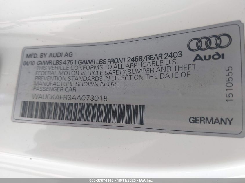 WAUCKAFR3AA073018 2010 Audi A5 3.2 Premium Plus