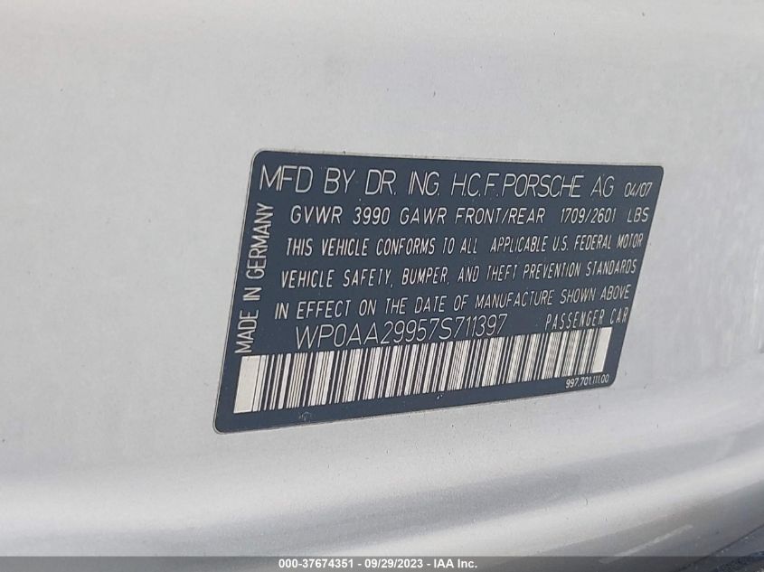 2007 Porsche 911 Carrera VIN: WP0AA29957S711397 Lot: 37674351