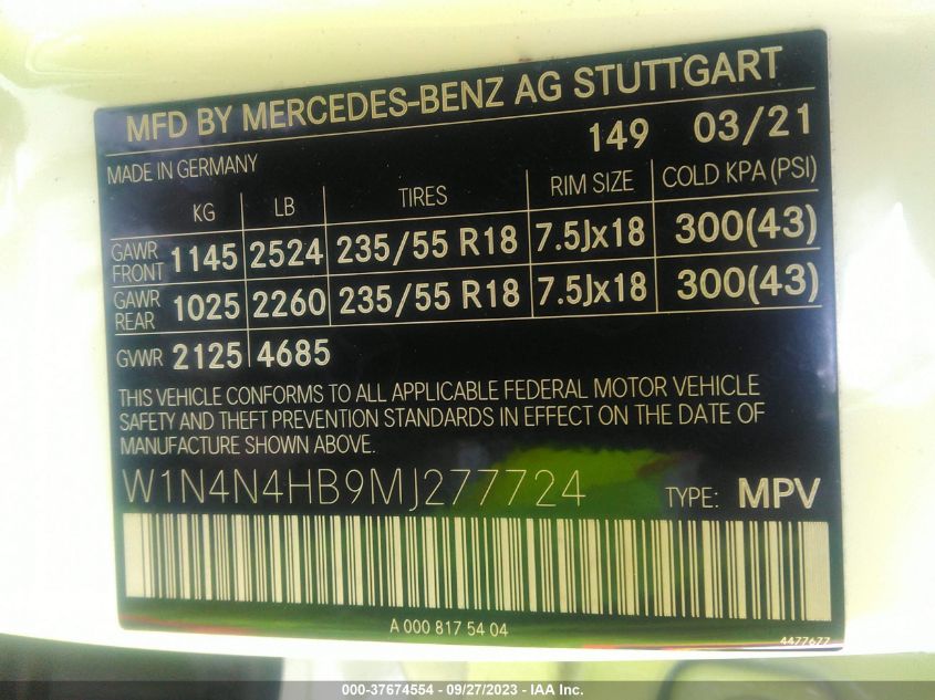 2021 Mercedes-Benz Gla VIN: W1N4N4HB9MJ277724 Lot: 37674554