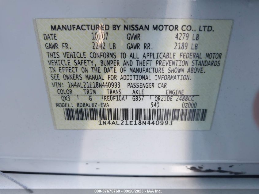2008 Nissan Altima 2.5 VIN: 1N4AL21E18N440993 Lot: 37675760