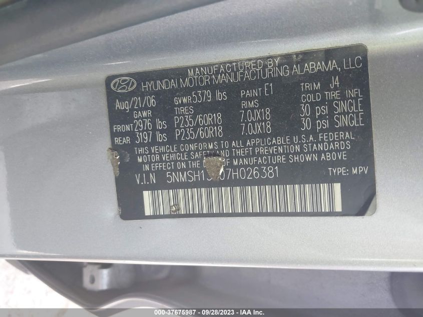 5NMSH13E07H026381 2007 Hyundai Santa Fe Limited/Se