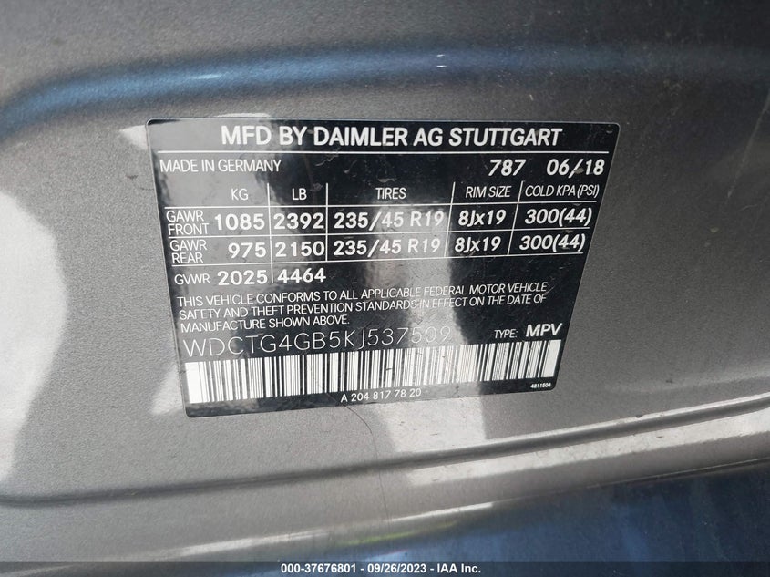 2019 MERCEDES-BENZ GLA 250 - WDCTG4GB5KJ537509