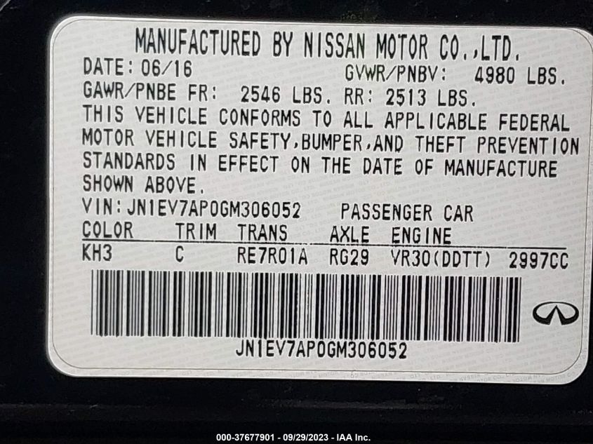 VIN JN1EV7AP0GM306052 2016 INFINITI Q50 no.9