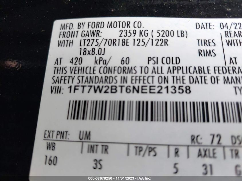 2022 Ford Super Duty F-250 Srw Xl/Xlt/Lariat VIN: 1FT7W2BT6NEE21358 Lot: 37678250