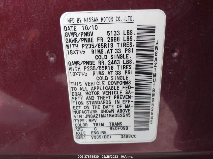 2011 Nissan Murano Sl VIN: JN8AZ1MU1BW052545 Lot: 37679830