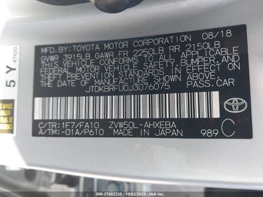 2018 Toyota Prius Two VIN: JTDKBRFU0J3076075 Lot: 37682235