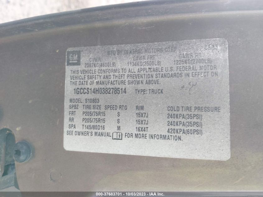 2003 Chevrolet S-10 VIN: 1GCCS14H038278514 Lot: 37683701