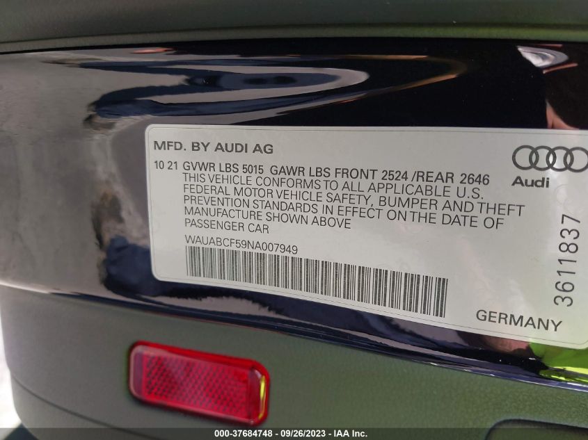 2022 Audi A5 Sportback Premium VIN: WAUABCF59NA007949 Lot: 37684748