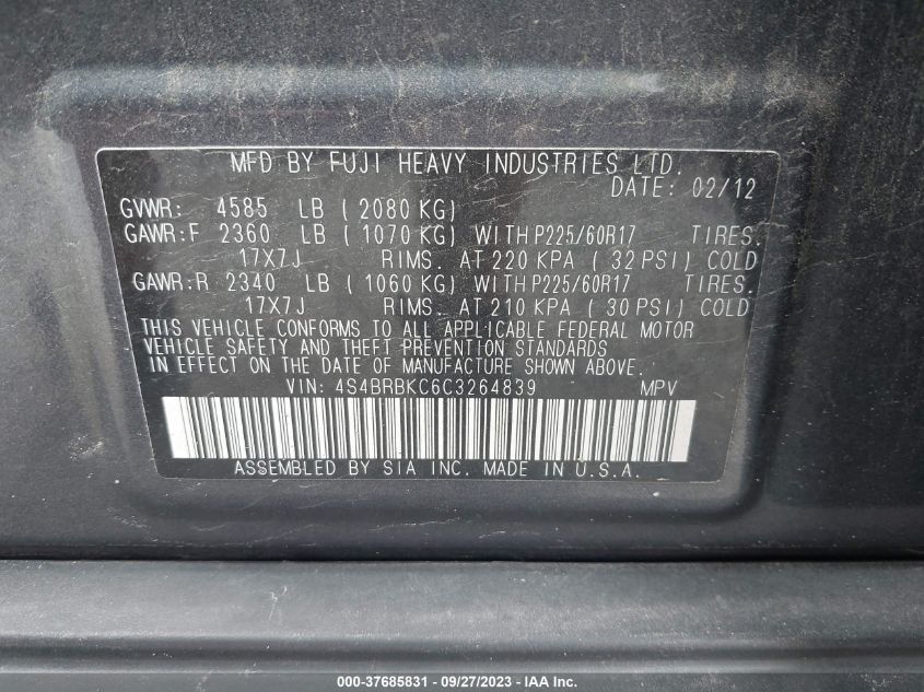 2012 Subaru Outback 2.5I Limited VIN: 4S4BRBKC6C3264839 Lot: 43375655