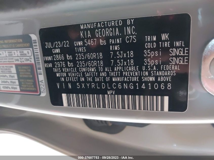 2022 Kia Sorento X-Line S VIN: 5XYRLDLC6NG141068 Lot: 37687753