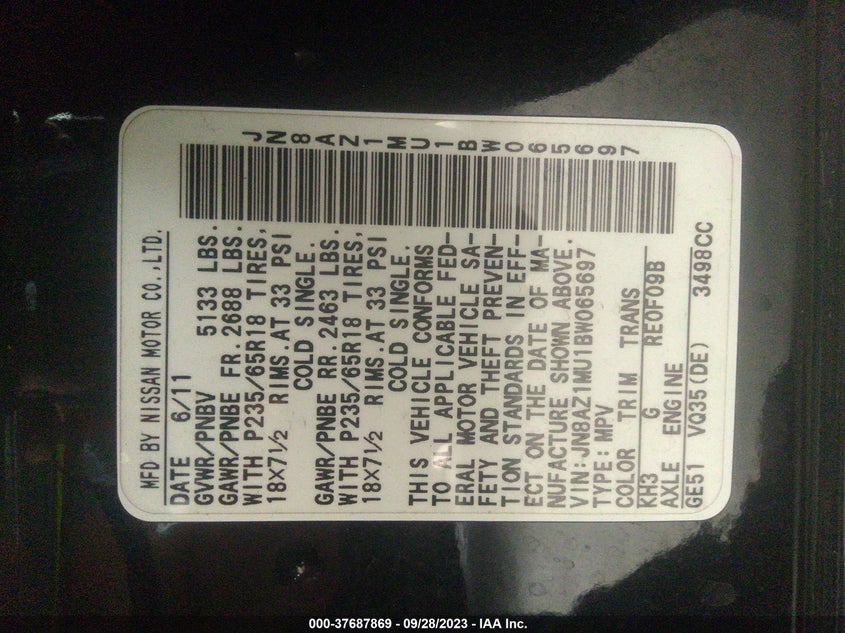 JN8AZ1MU1BW065697 2011 Nissan Murano Sl