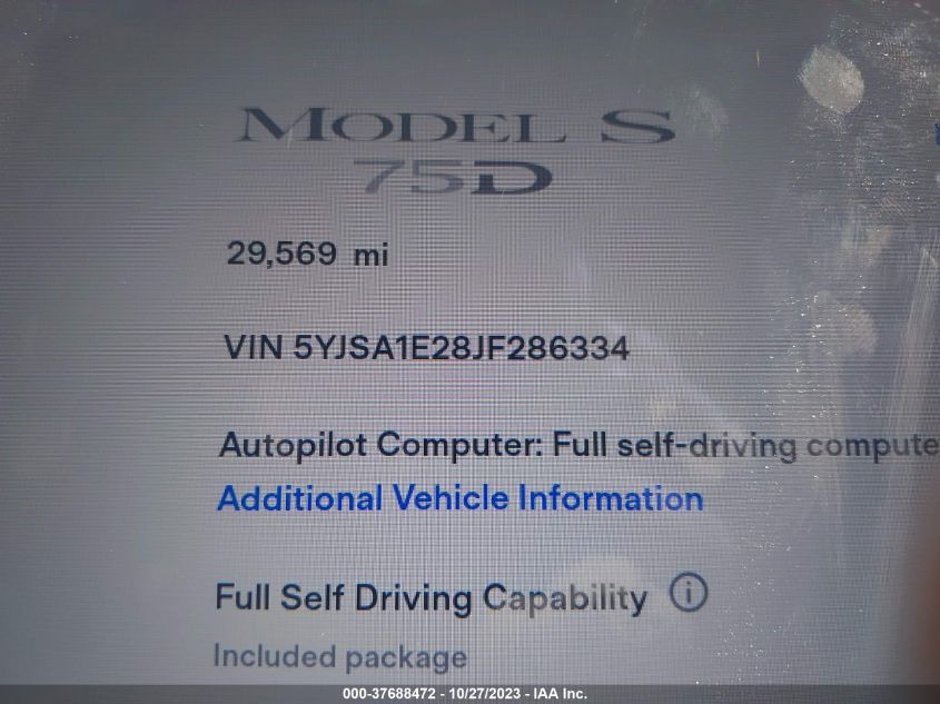 2018 Tesla Model S 75D/P100D/100D VIN: 5YJSA1E28JF286334 Lot: 37688472