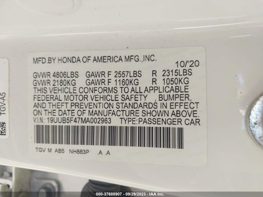 2021 Acura Tlx W/Technology Package VIN: 19UUB5F47MA002963 Lot: 37688907