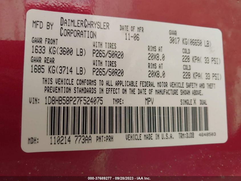 2007 Dodge Durango Limited VIN: 1D8HB58P27F524075 Lot: 37689277