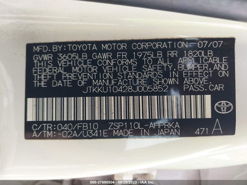 2008 Scion Xd VIN: JTKKU10428J005852 Lot: 37690504