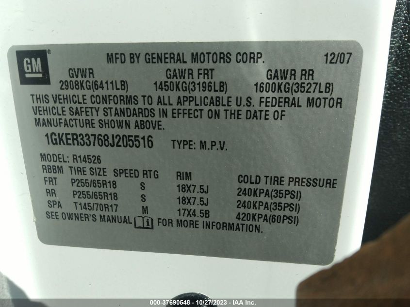 2008 GMC Acadia Slt2 VIN: 1GKER33768J205516 Lot: 37690548