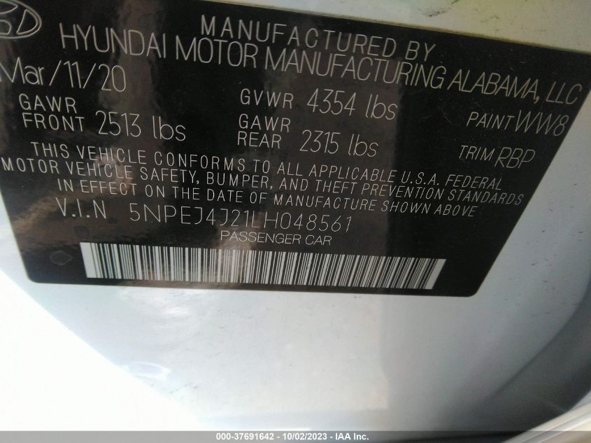 2020 Hyundai Sonata Sel Plus VIN: 5NPEJ4J21LH048561 Lot: 37691642