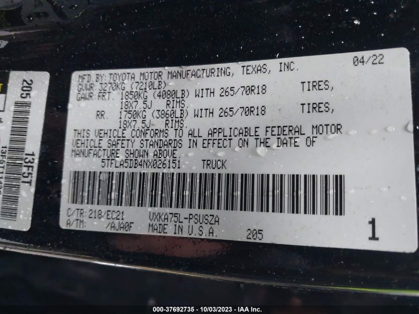 2022 Toyota Tundra Sr5 VIN: 5TFLA5DB4NX026151 Lot: 37692735