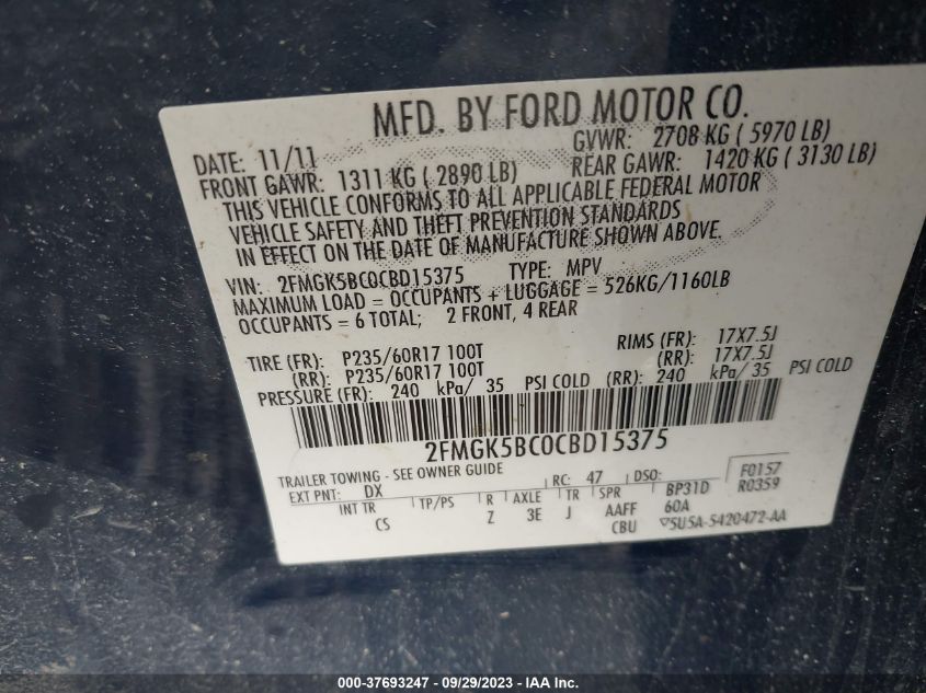 2012 Ford Flex Se VIN: 2FMGK5BC0CBD15375 Lot: 37693247