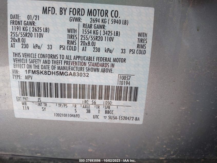 2021 Ford Explorer Xlt VIN: 1FMSK8DH5MGA83032 Lot: 37693556