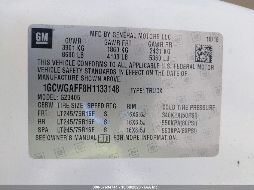 2017 Chevrolet Express Cargo Van VIN: 1GCWGAFF8H1133148 Lot: 37694741