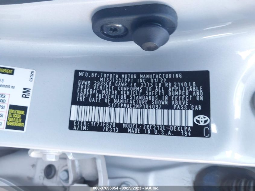 5YFEPMAE3NP304097 2022 Toyota Corolla Le