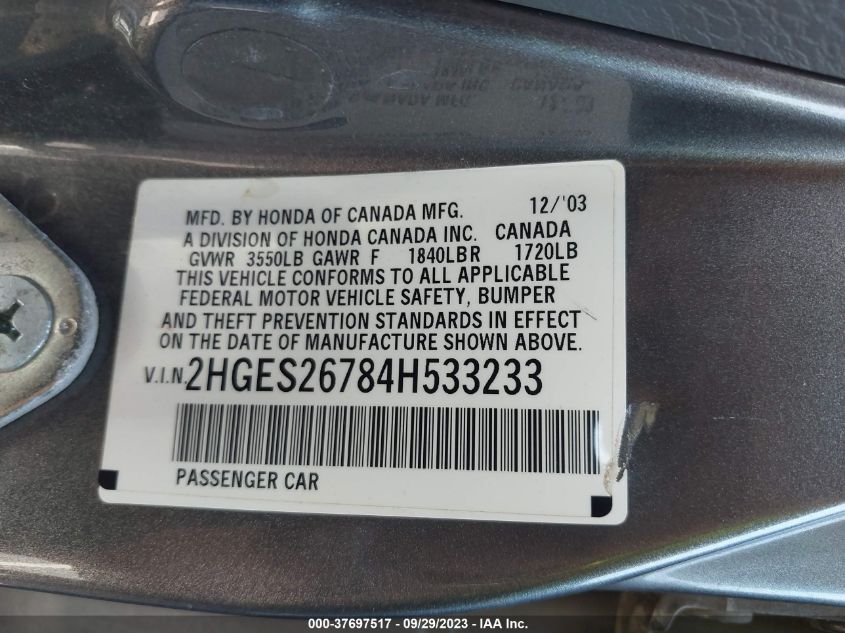 2HGES26784H533233 2004 Honda Civic Ex