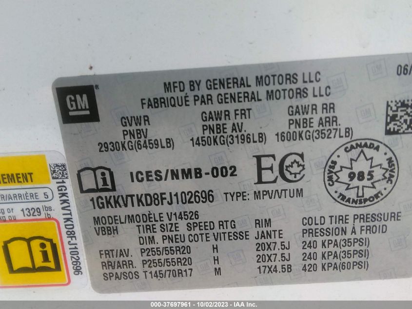 2015 GMC Acadia Denali VIN: 1GKKVTKD8FJ102696 Lot: 37697961