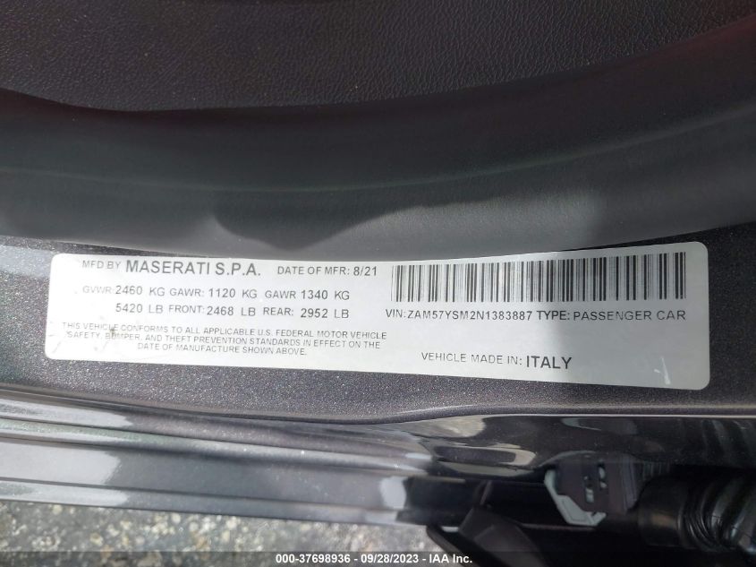 ZAM57YSM2N1383887 2022 Maserati Ghibli Modena