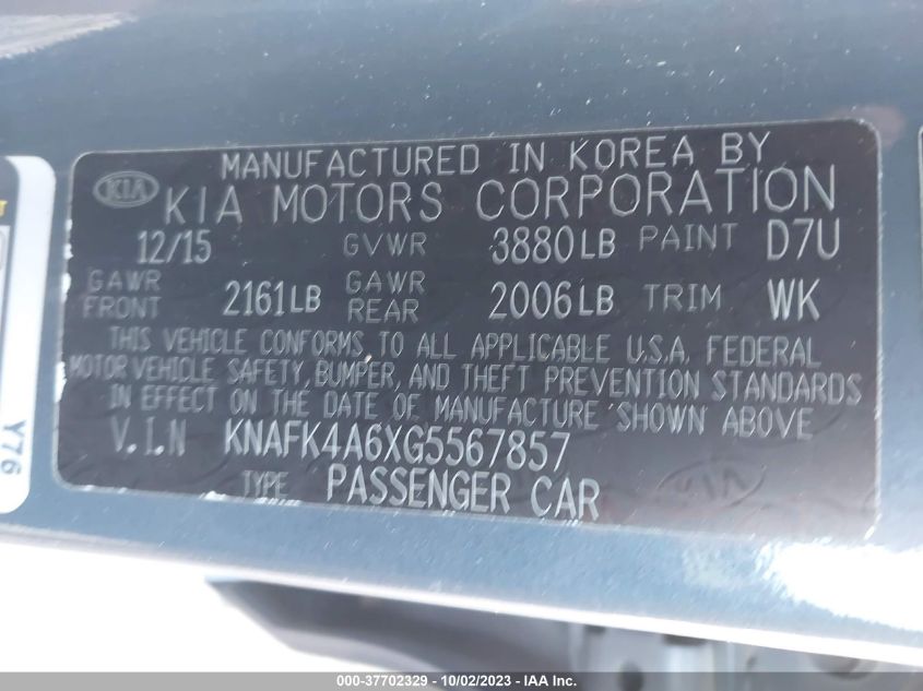 2016 Kia Forte Lx VIN: KNAFK4A6XG5567857 Lot: 37702329