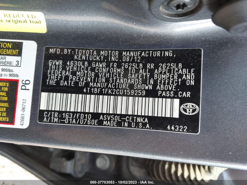 2012 Toyota Camry Le VIN: 4T1BF1FK2CU159259 Lot: 43400726