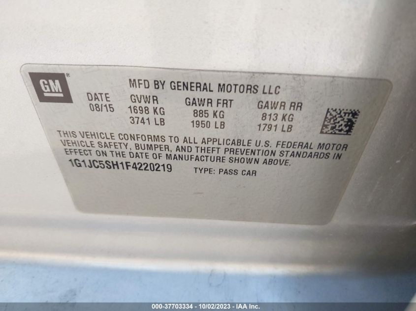 2015 Chevrolet Sonic Lt VIN: 1G1JC5SH1F4220219 Lot: 37703334