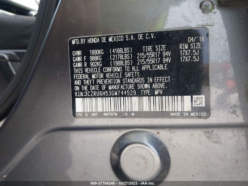 2016 Honda Hr-V Ex VIN: 3CZRU6H53GM744529 Lot: 37704240