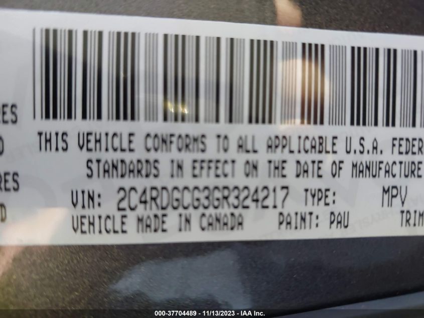 2016 Dodge Grand Caravan Sxt VIN: 2C4RDGCG3GR324217 Lot: 37704489