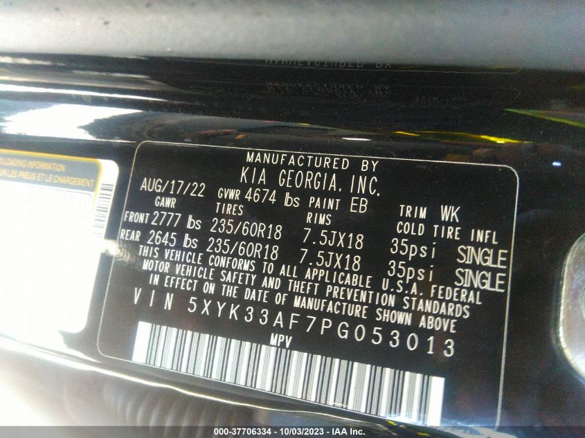 2023 Kia Sportage Ex VIN: 5XYK33AF7PG053013 Lot: 37706334