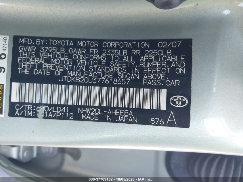 2007 Toyota Prius Touring VIN: JTDKB20U377618657 Lot: 37709132