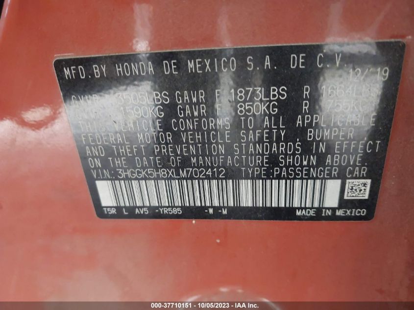 2020 Honda Fit Ex VIN: 3HGGK5H8XLM702412 Lot: 37710151