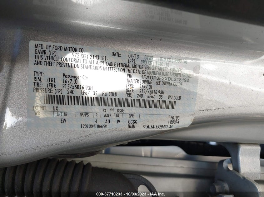 2013 Ford Focus Se VIN: 1FADP3F2XDL318192 Lot: 37710233