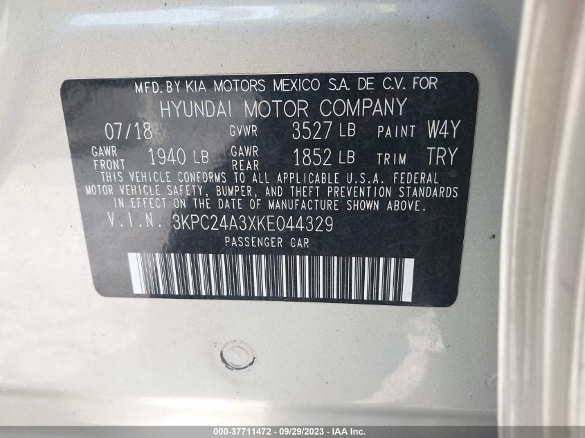 2019 Hyundai Accent Se VIN: 3KPC24A3XKE044329 Lot: 37711472