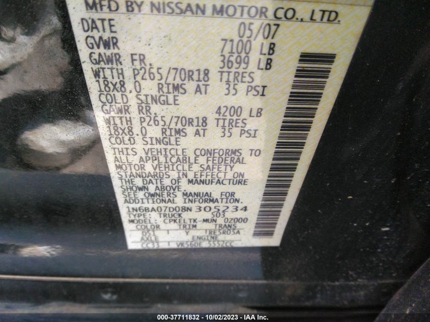 2008 Nissan Titan Se VIN: 1N6BA07D08N305234 Lot: 37711832